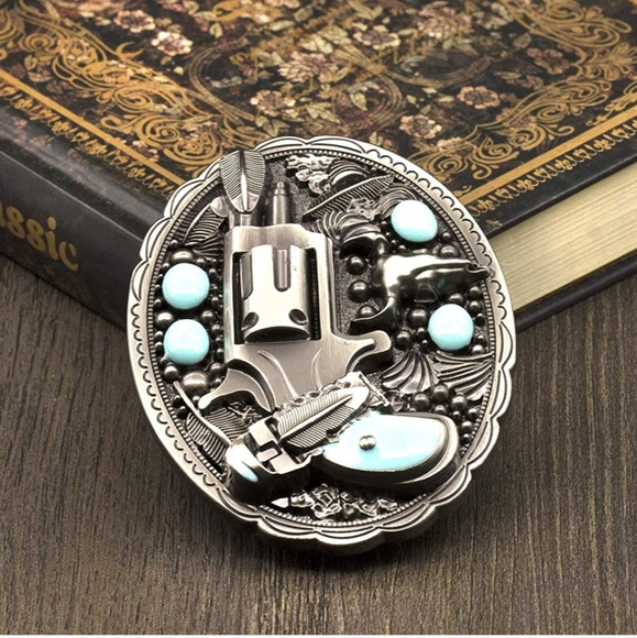 New revolver feathers turqouise color belt buckle fits 1.5" belt - Picture 3 of 4